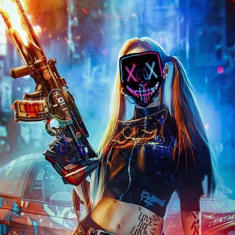 Cyberpunk girl with a mask and a machine gun.